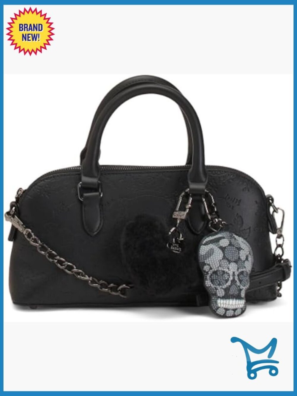 Compact Faux Leather Satchel with Adjustable Strap, Skull Charm, 11.5x6 Inches